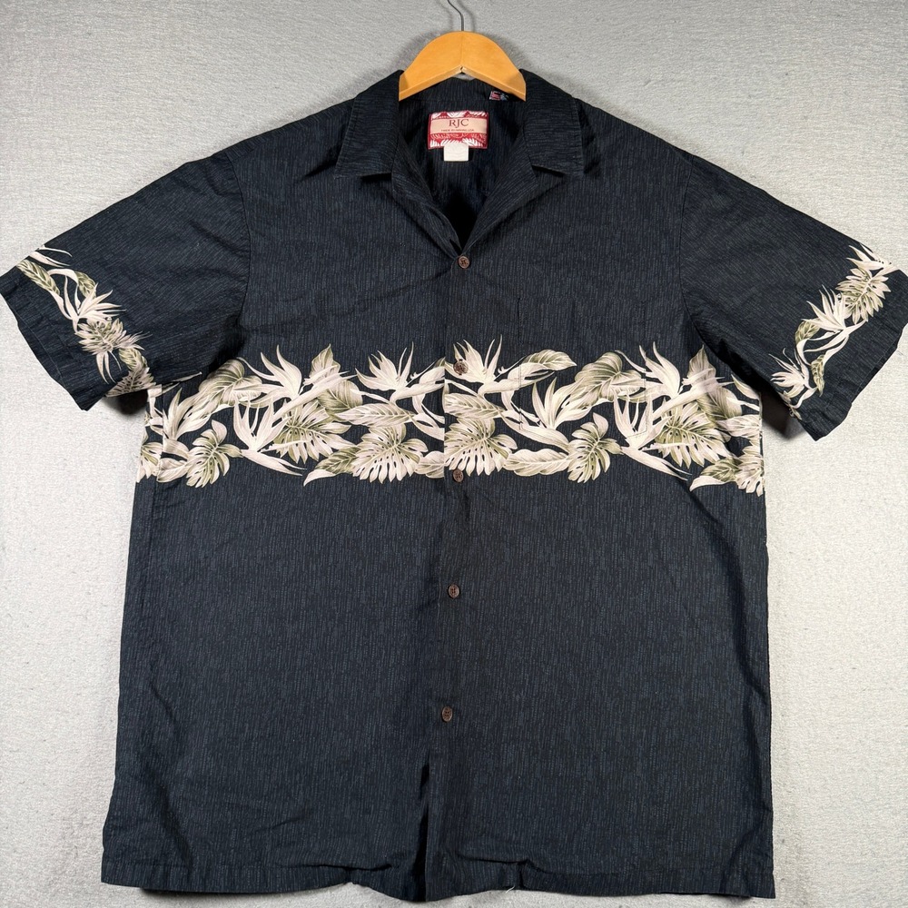 RJC Men XL Hawaiian Shirt Black Bird of Paradise Border Print Cotton Made in USA